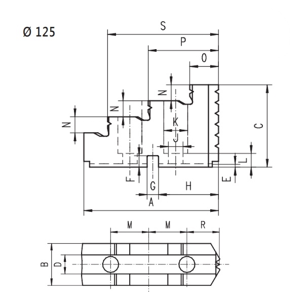 Основні розміри накладних гартованих кулачків SGT 3405 RHU для патрона Ø 125